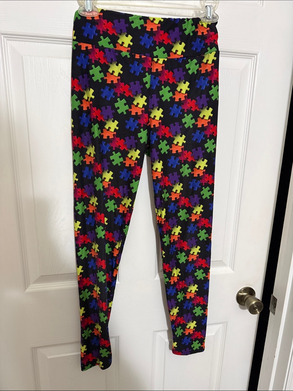 Kids Black Puzzle-Print Leggings - Multicolor